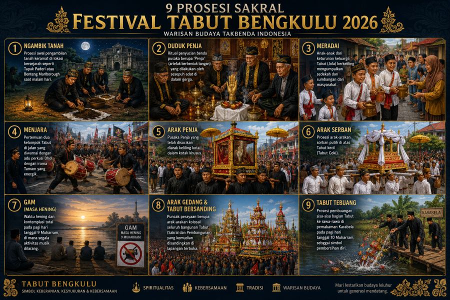 Mengupas Tuntas 9 Prosesi Sakral Festival Tabut Bengkulu 2026: Dari 'Ngambik Tanah' hingga 'Tabut Tebuang'